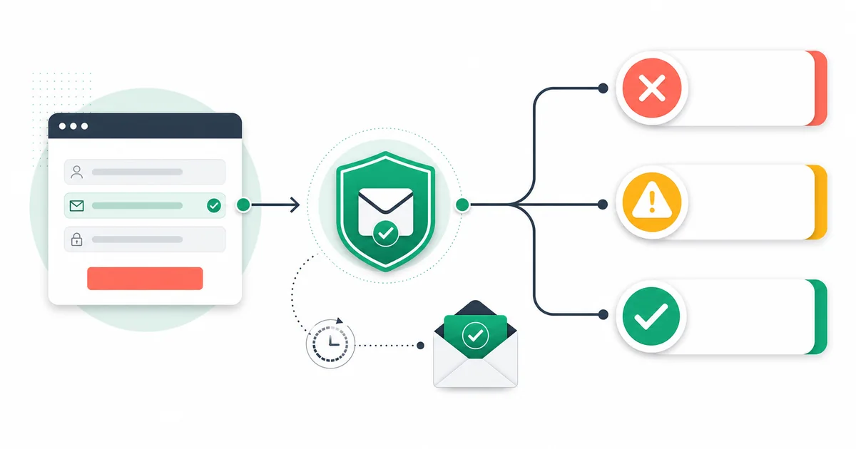 Signup form branching into block, warn, and accept paths after an email verification checkpoint
