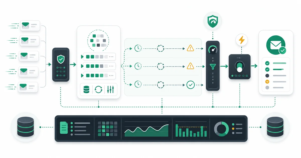 Production email verification API workflow showing requests, timeouts, retries, rate limits, logging, and stable results