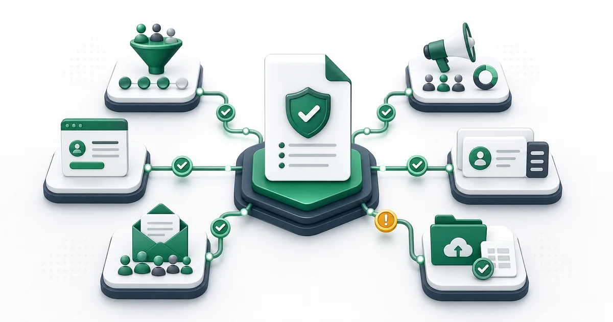 Email verification policy document connected to sales, marketing, product, CRM, signup, and bulk workflows