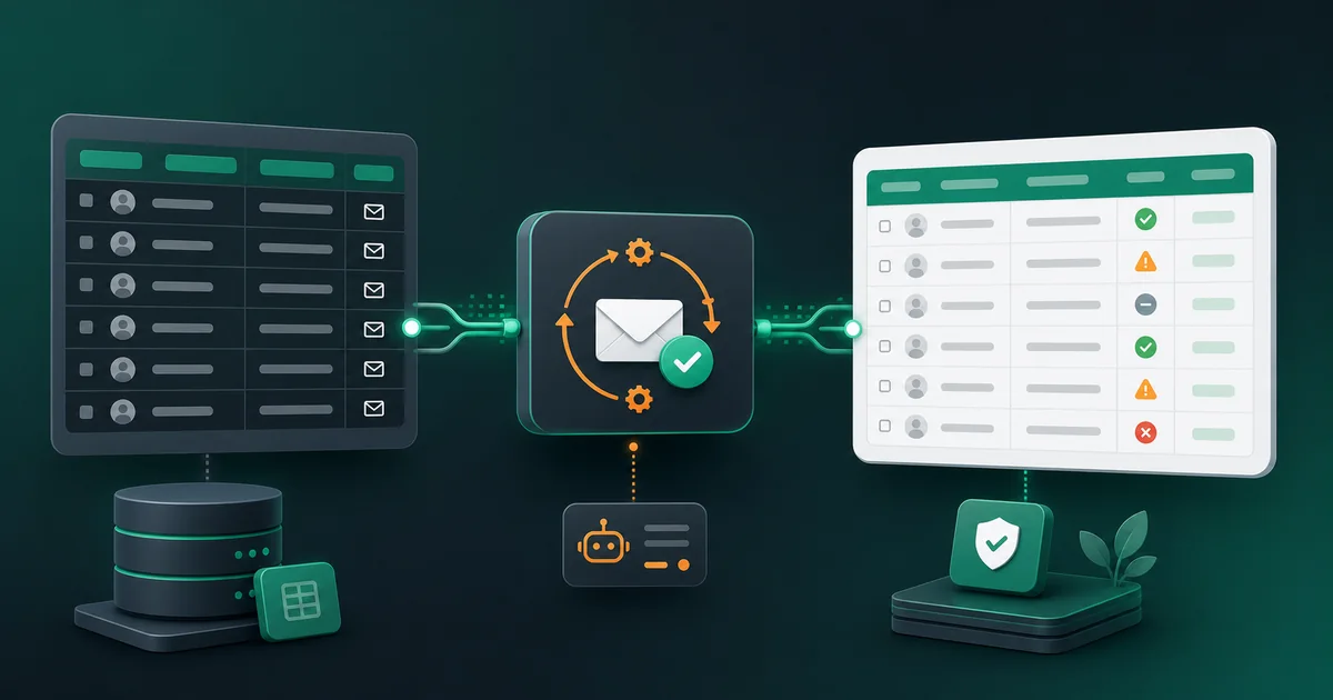 Database email records being verified and updated through a Mailthentic automation workflow.