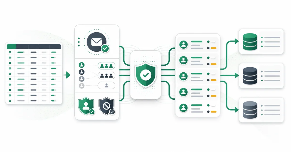 CRM import file passing through email verification and returning structured records before entering CRM systems