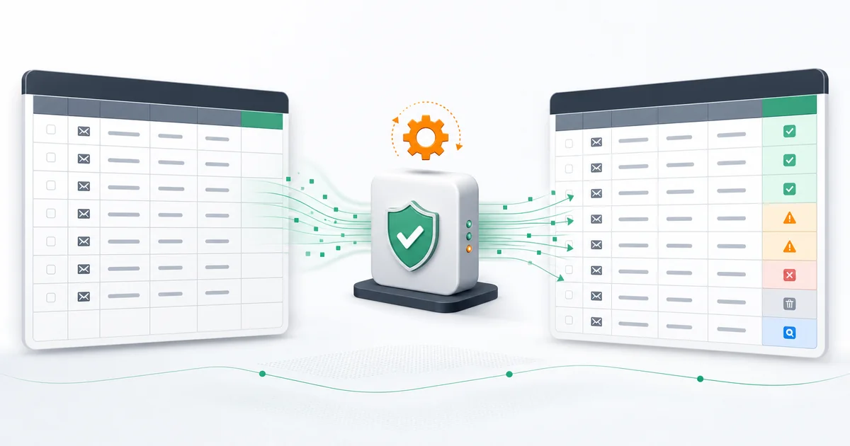 Spreadsheet email rows passing through Mailthentic verification and returning structured results.