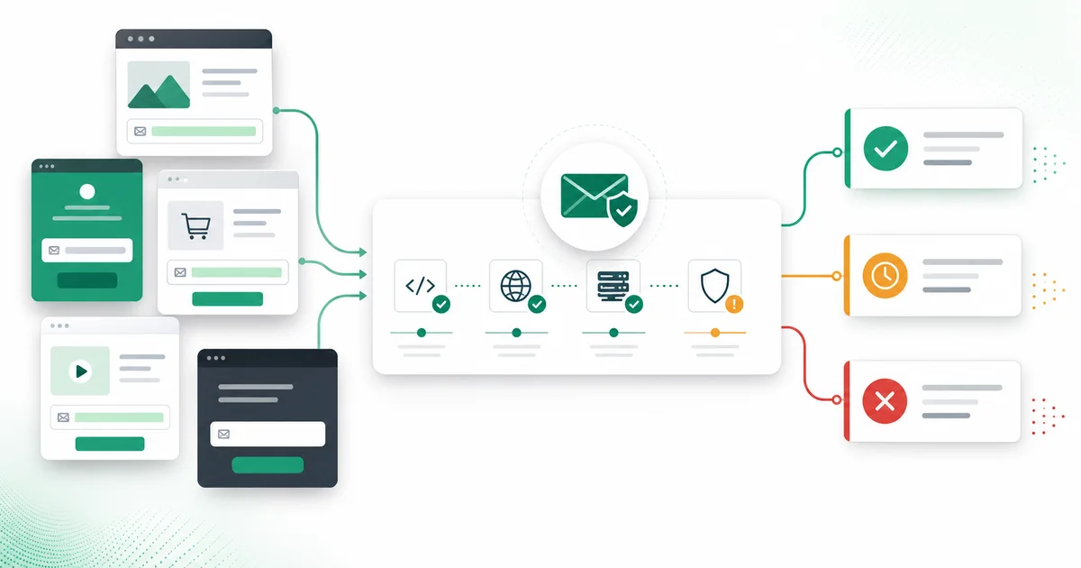 Online form submissions flowing through Mailthentic email verification checks.