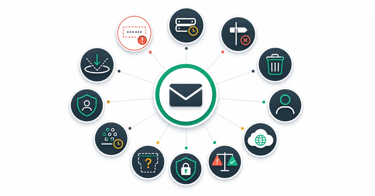 Email address surrounded by eleven abstract verification risk signals and a review indicator